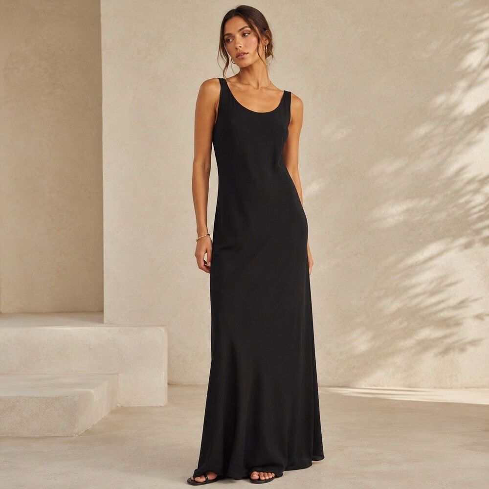 Maria Bianca BinNero Black Silk Slip Gown Dress Deep V Back Opening Women L 7475